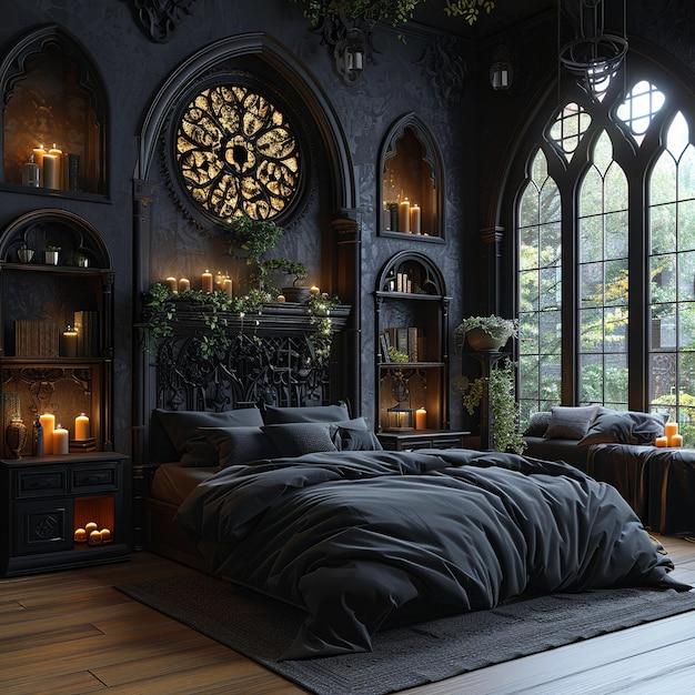 Gothic Bedroom: Add drama with ​dark hues and ornate furnishings