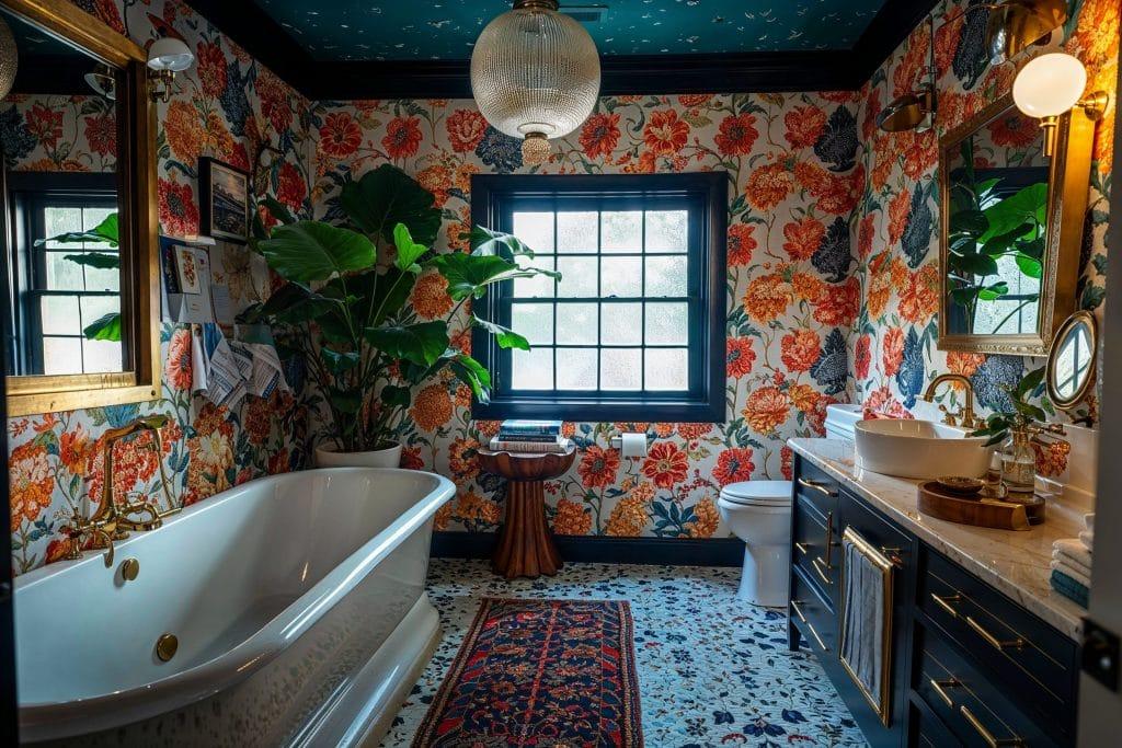 Bold wallpaper patterns can serve as a stunning focal point in an‌ eclectic ‌bathroom