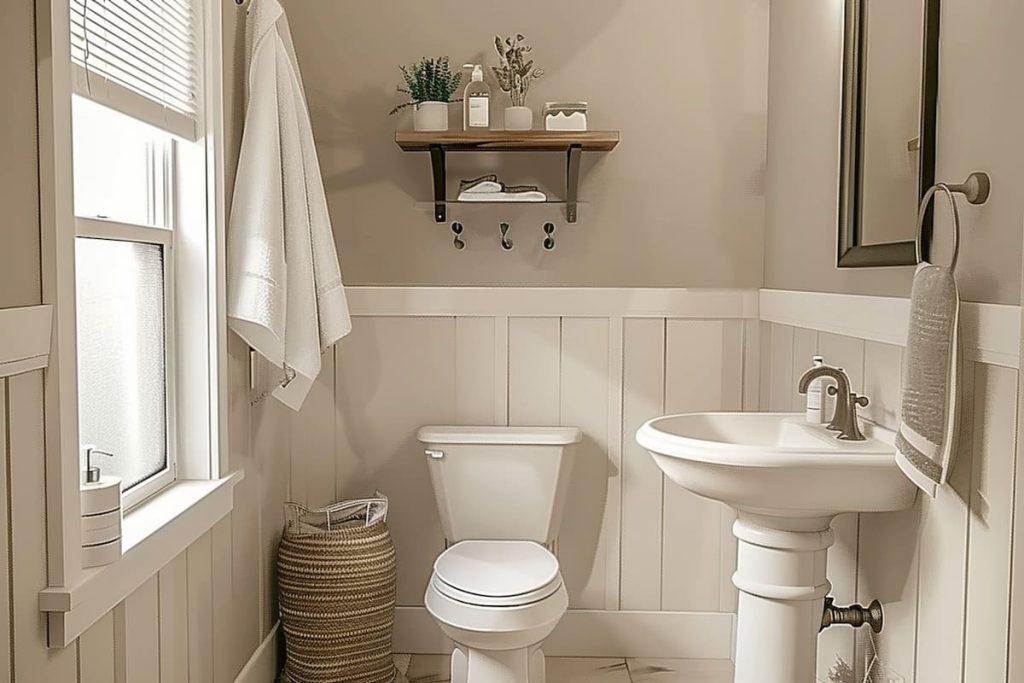 Use neutral color palettes to create a calming farmhouse‌ bathroom atmosphere