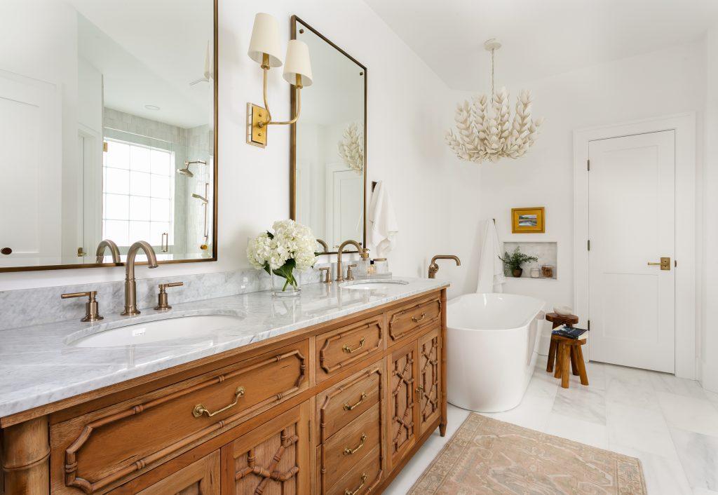 A freestanding tub elevates your boho bathroom aesthetic