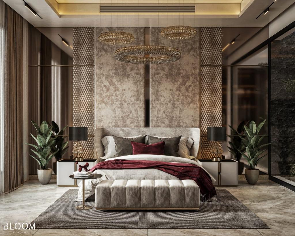 Modern Bedroom: Sleek furniture and contemporary art create an upscale haven