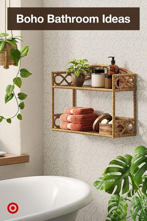 Floating shelves showcasing decor in your boho bathroom oasis