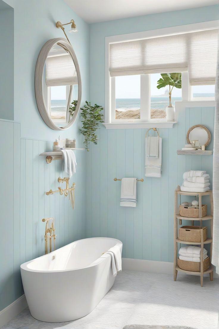 Soft pastel colors create a calming boho bathroom retreat