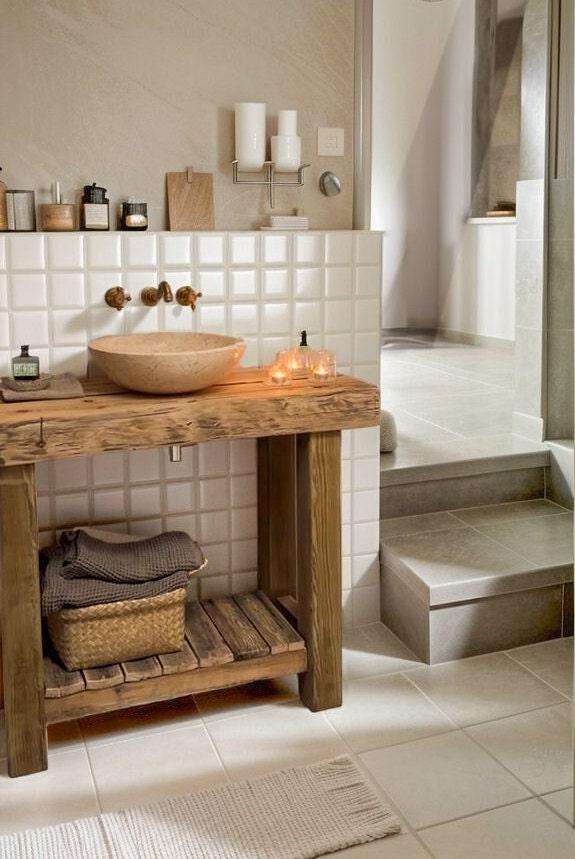 Embrace rustic elegance with a wooden bathroom vanity featuring ⁢intricate ⁢carvings and natural⁢ finishes