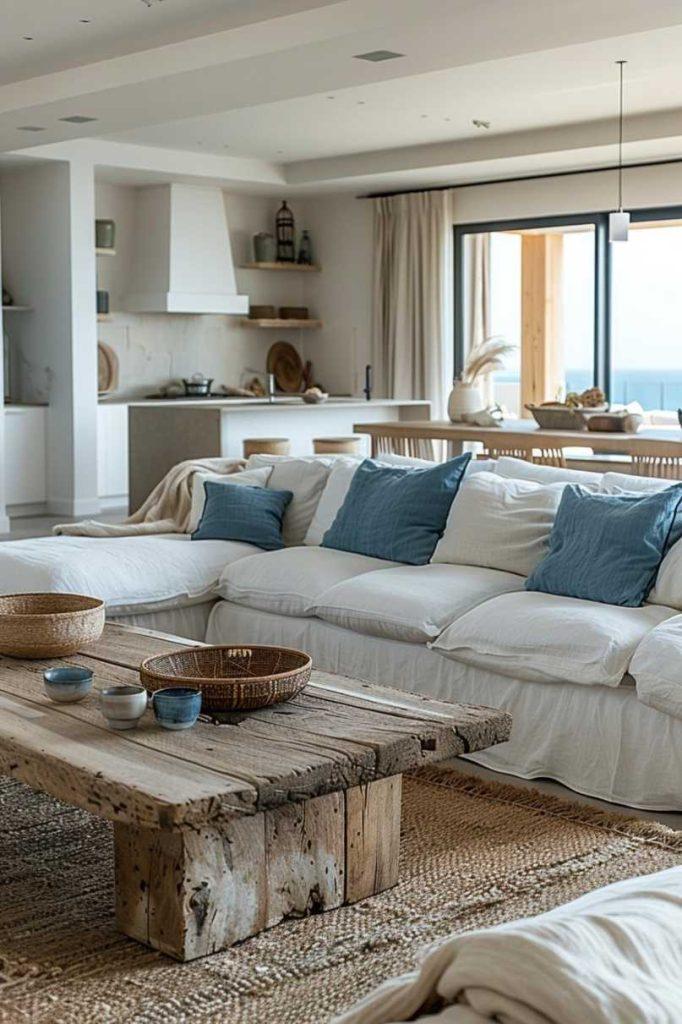 Coastal Retreat Living Room: Soft​ hues and natural textures evoke beachy vibes