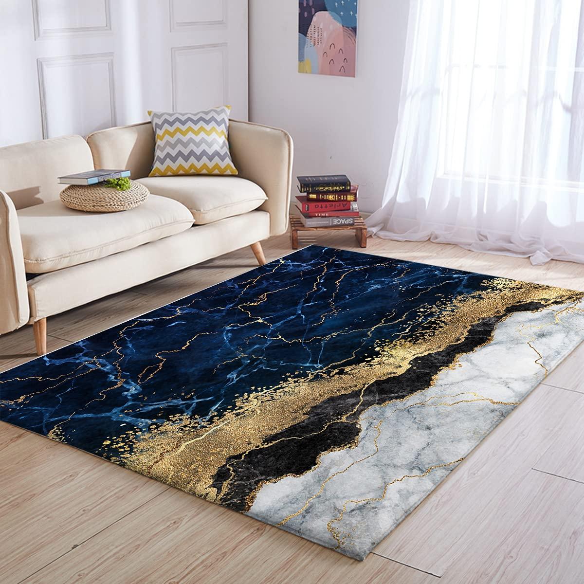 Introduce a chic blue rug for comfort and style in the living room