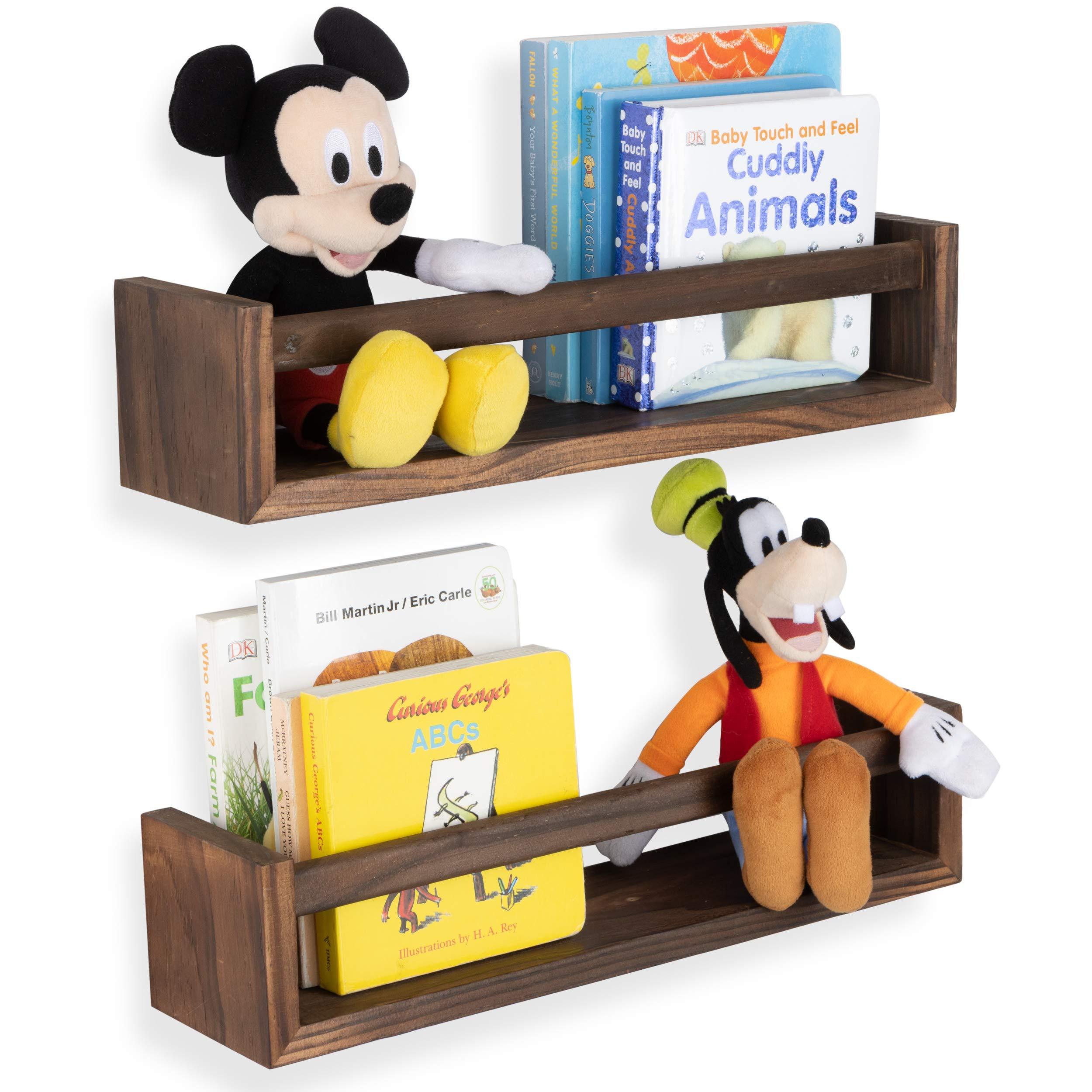 Hang floating shelves to display toys in your small nursery