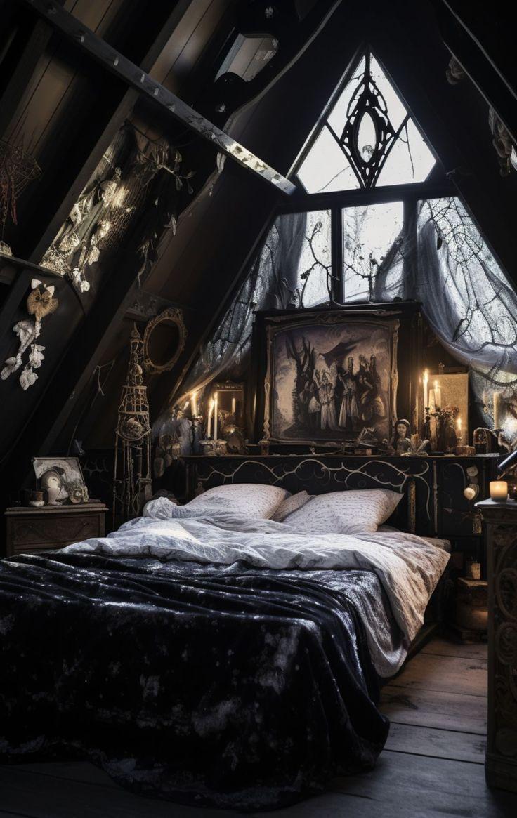 Gothic Bedroom: Add dark hues and dramatic⁤ details for a moody atmosphere