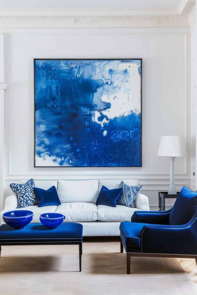 Incorporate⁤ blue artwork for a stunning focal point ‌in your living room