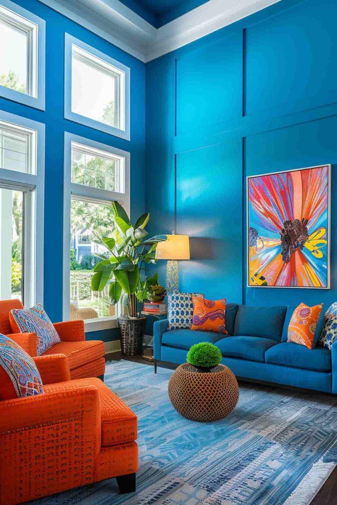 Select a bold color for the sofa ​to pop in blue living room