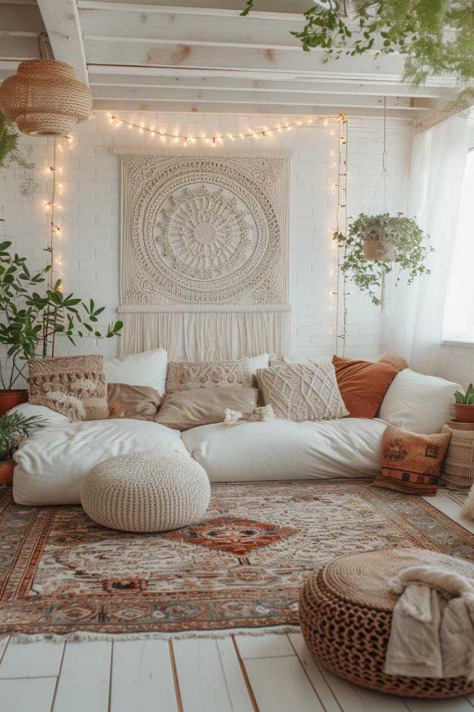 Layer fairy lights to create a whimsical glow in your Boho Living Room