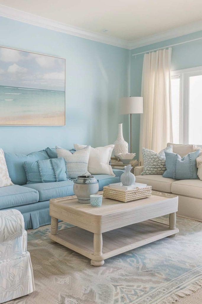 Embrace‍ serenity with soft pastel ⁣blue living⁤ room accents