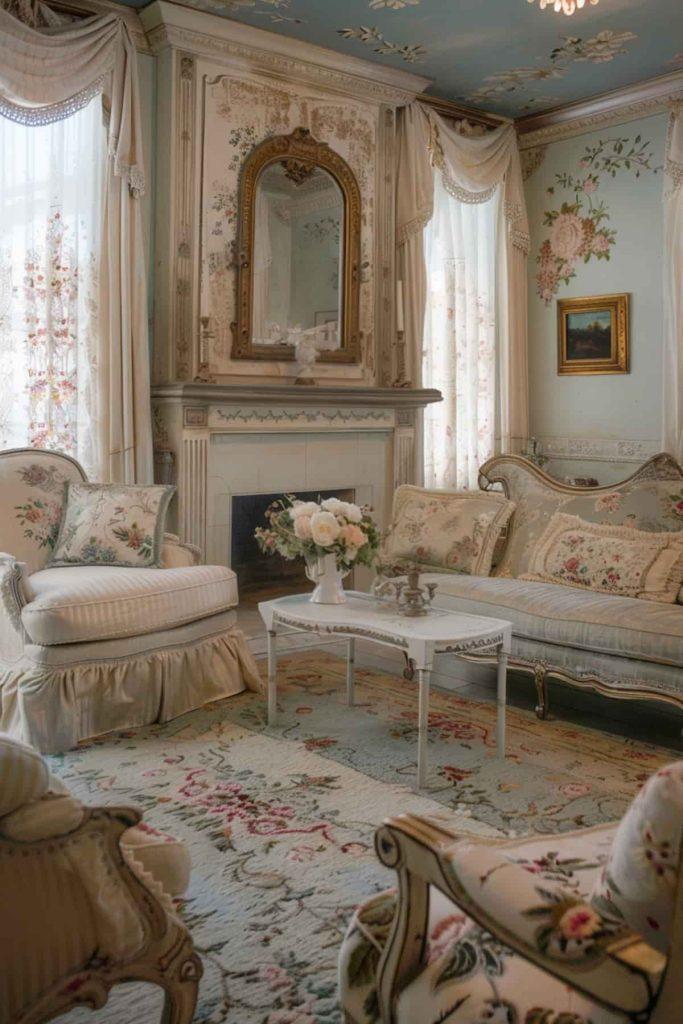 French ​Country Living Room: Combine rustic elegance with soft pastels and floral motifs