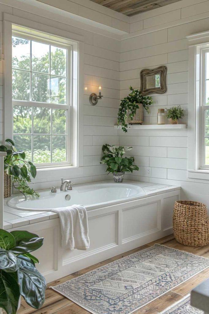 Embrace shiplap for a classic farmhouse bathroom look that adds warmth and texture