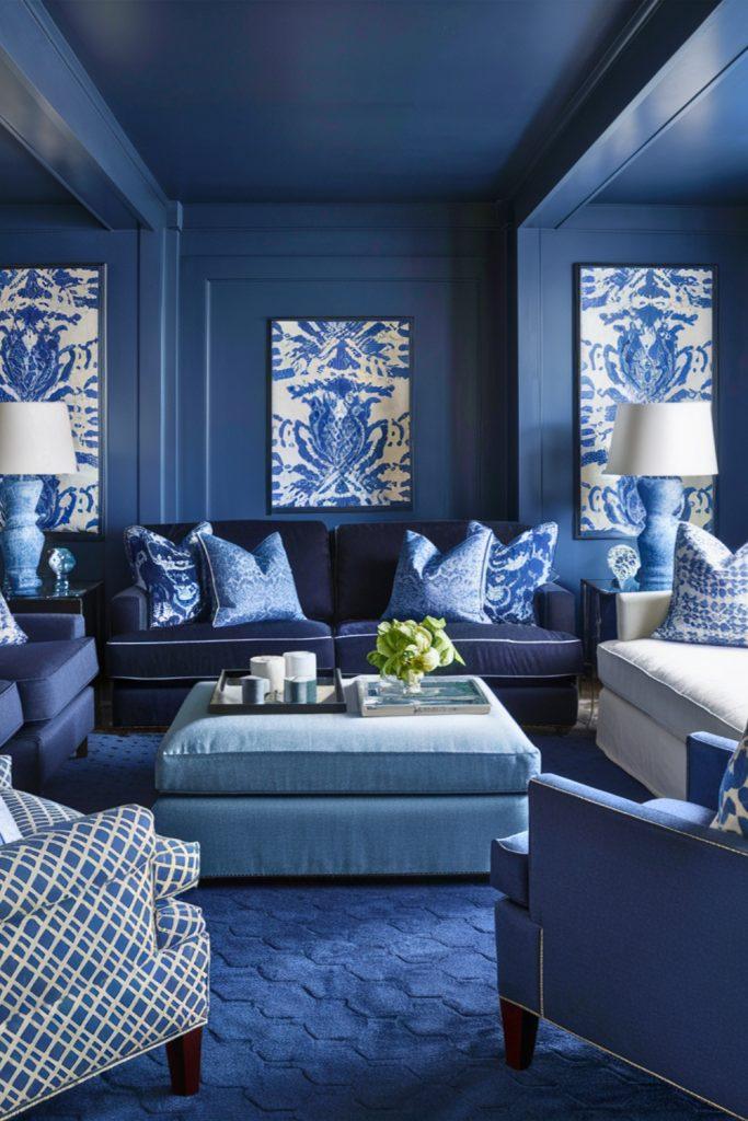 Pair navy‌ cushions ⁢with white‍ furniture in your blue living room