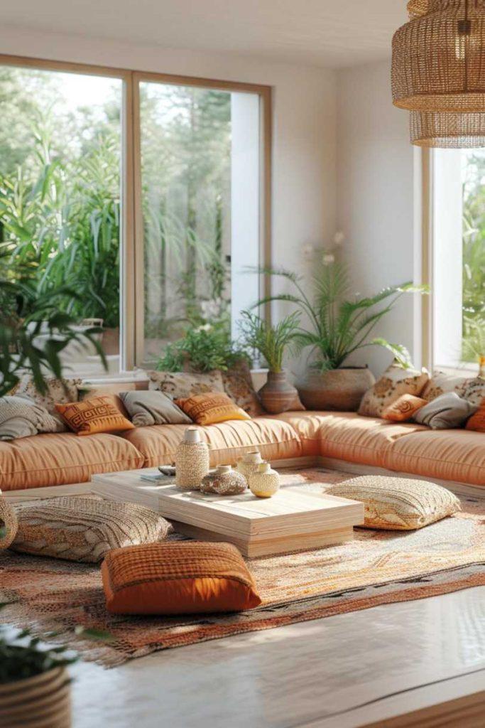 Feature a low coffee table surrounded by floor cushions in your Boho Living ​Room