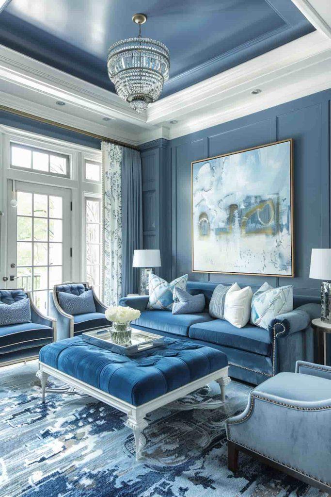 Introduce ‌a bold chandelier to elevate your blue living room style