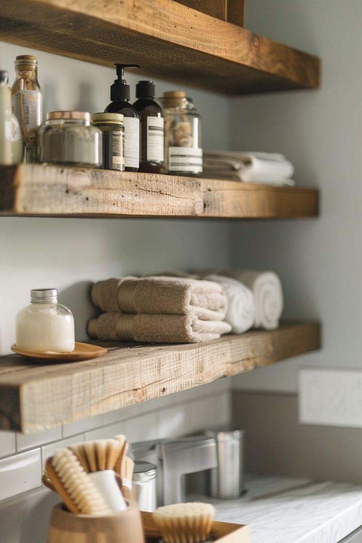 Create ⁤a spa-like‍ retreat using wooden bathroom shelving for essential ‍storage and style