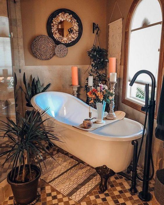 Create a serene bath nook with candles in your boho bathroom