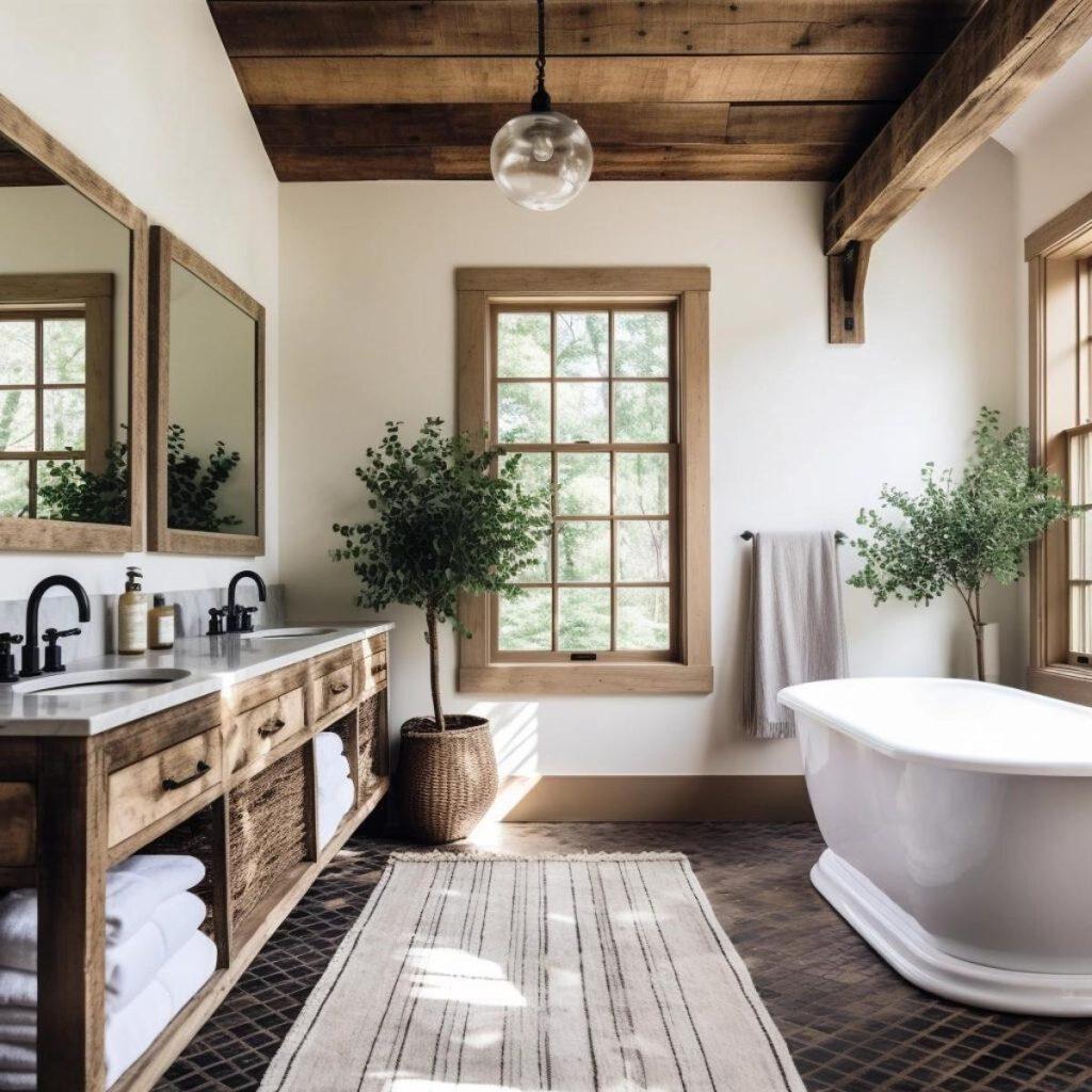 Rustic wooden accents create warm, inviting vibes in a​ farmhouse ⁤bathroom