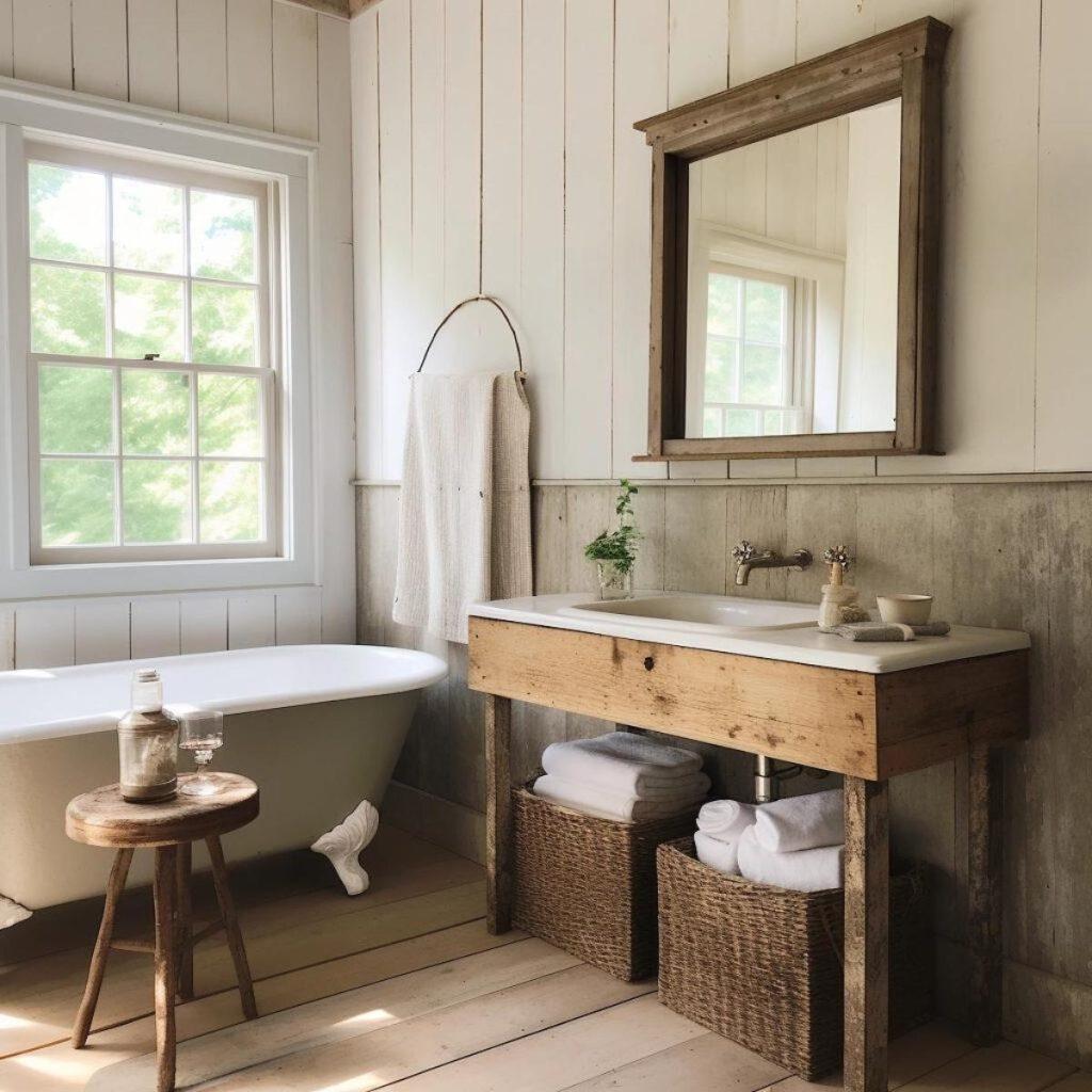 Opt for distressed wood accents to convey rustic elegance in your farmhouse bathroom