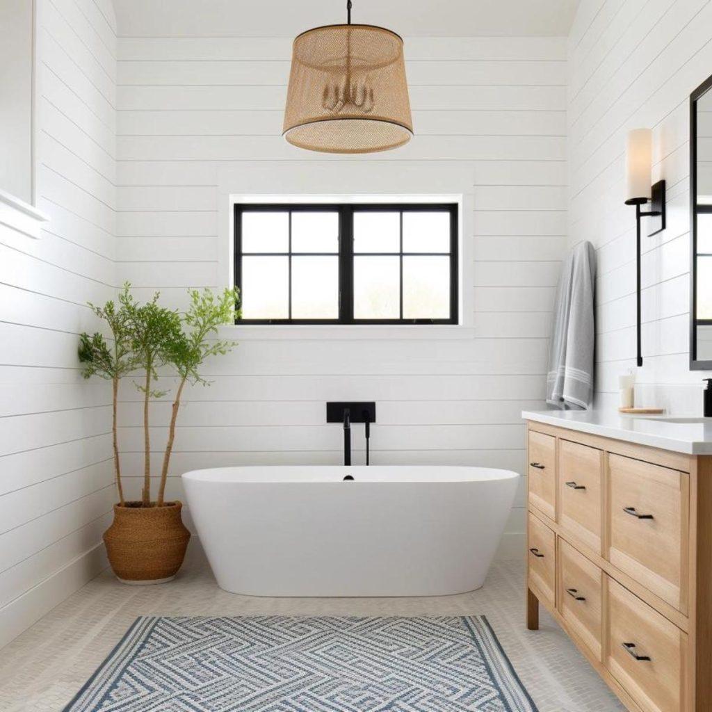 Choose soft, muted colors to evoke tranquility in your farmhouse bathroom oasis