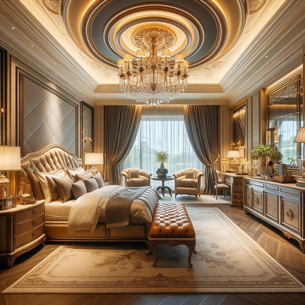 The luxe​ bedroom trend ​emphasizes rich ⁣fabrics and gold ​accents for elegant​ sophistication