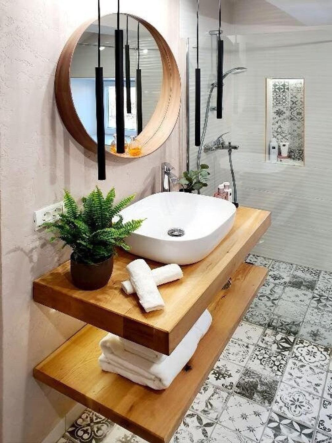 A minimalist wooden bathroom highlights clean lines with‌ bamboo sinks and floating⁢ shelves ​for‍ storage