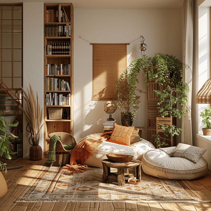 Create a reading nook with a comfy chair and soft lighting in your Earthy Living Room