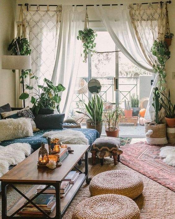 Use layered curtains to create depth and privacy in your Boho Living Room