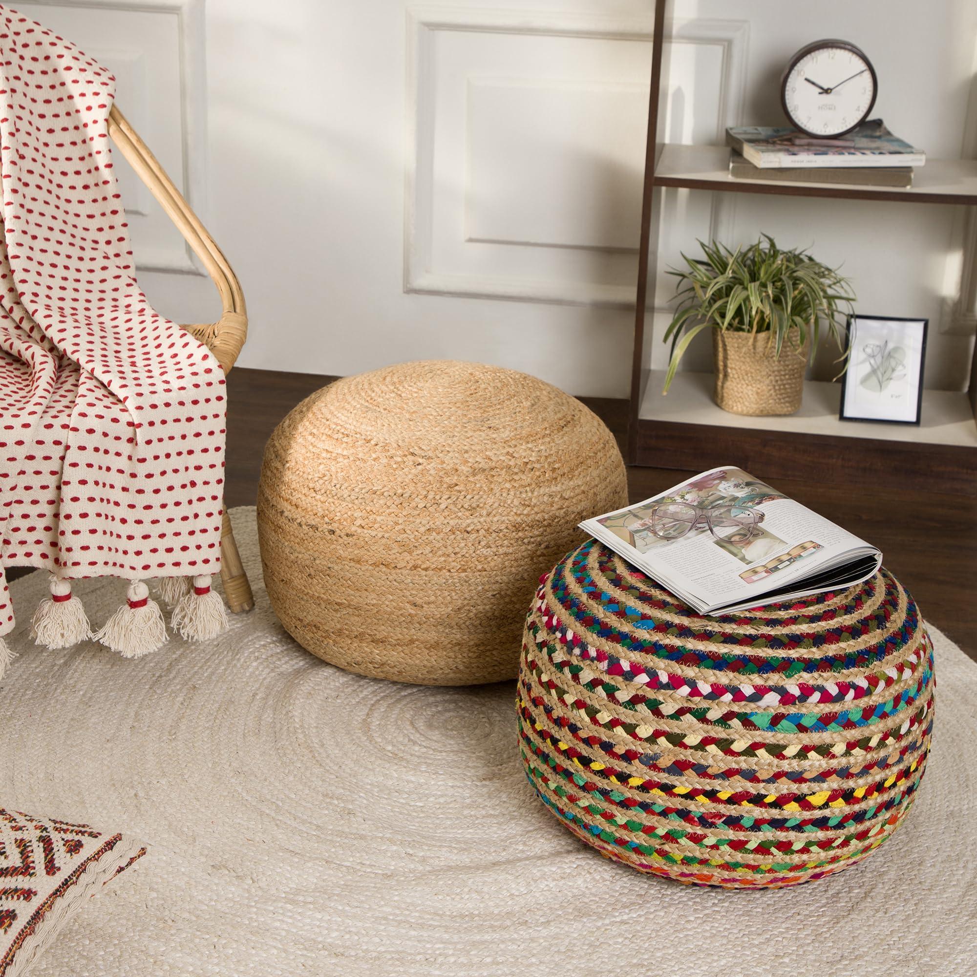 Create a cozy nook with poufs in your boho bathroom