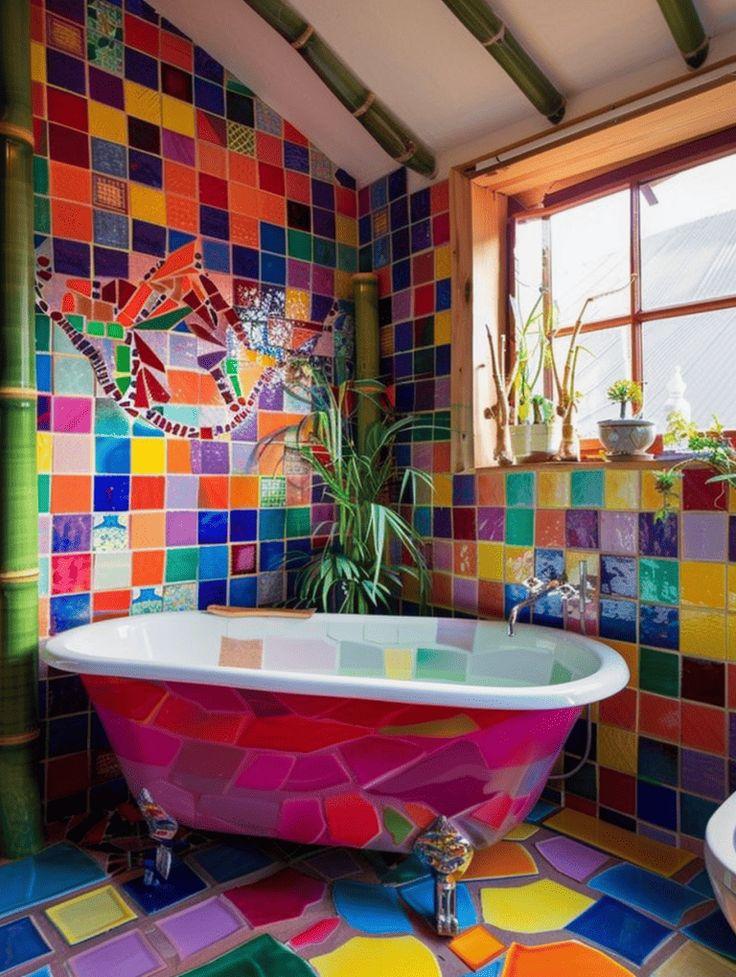 Incorporate colorful tiles for a striking boho bathroom feature wall