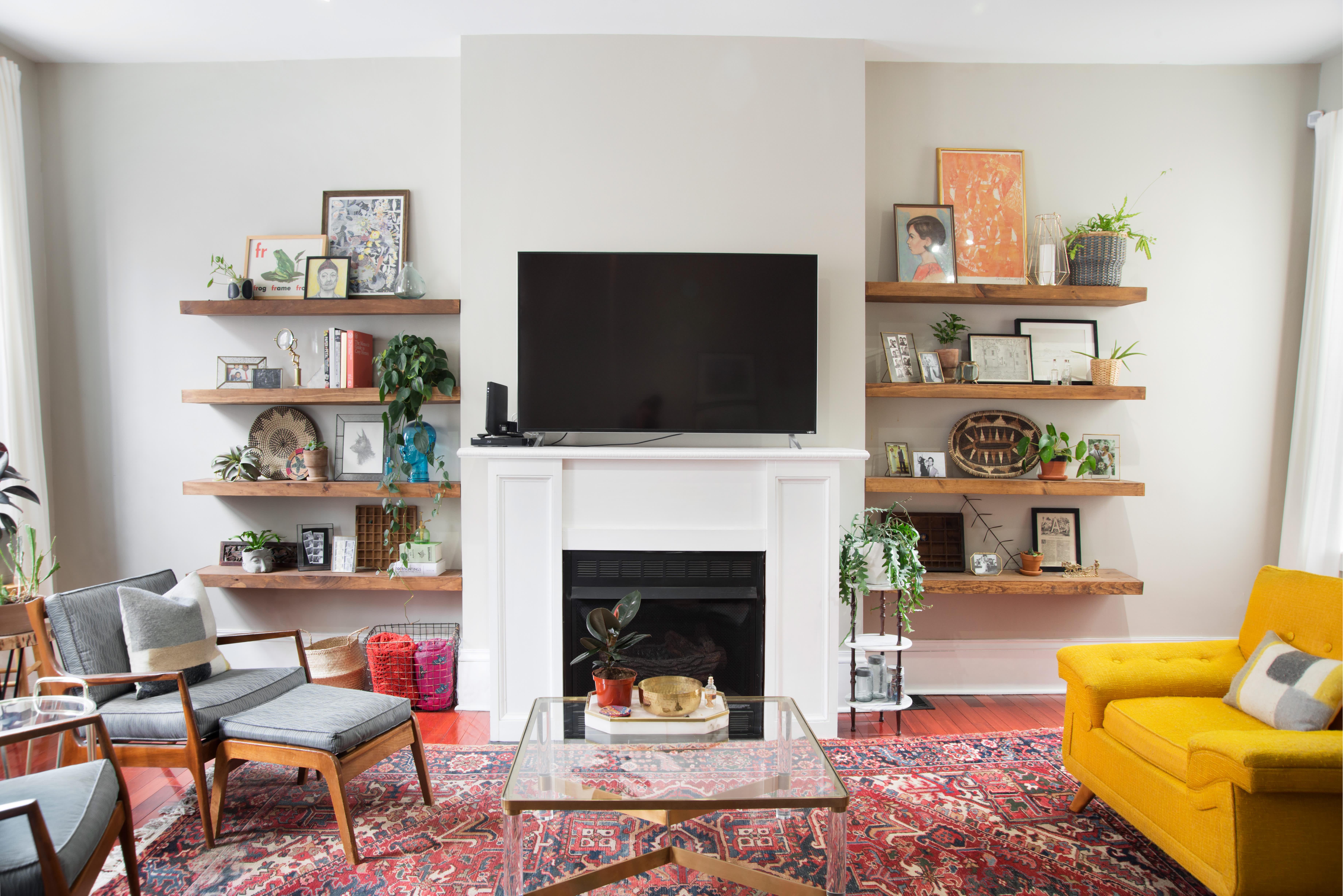 Use open shelving to display eclectic finds in your​ living room