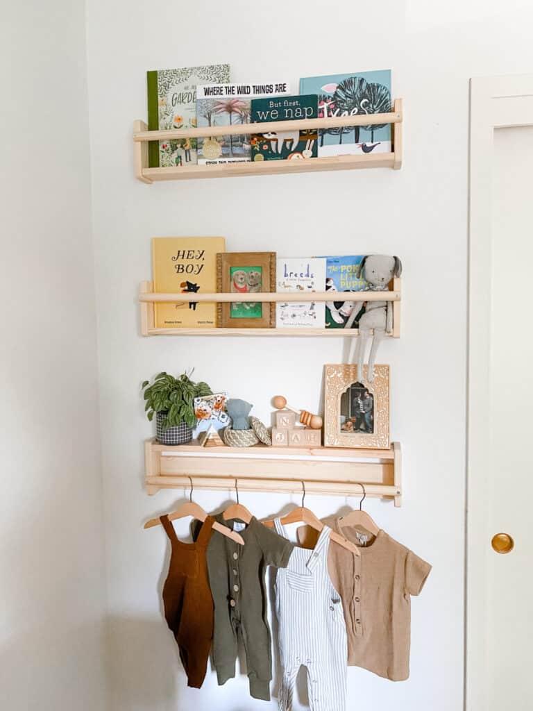 Hang shelves at different heights in your small nursery