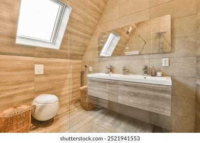 Design a wooden bathroom with⁢ skylights to flood the⁢ space with⁤ natural light