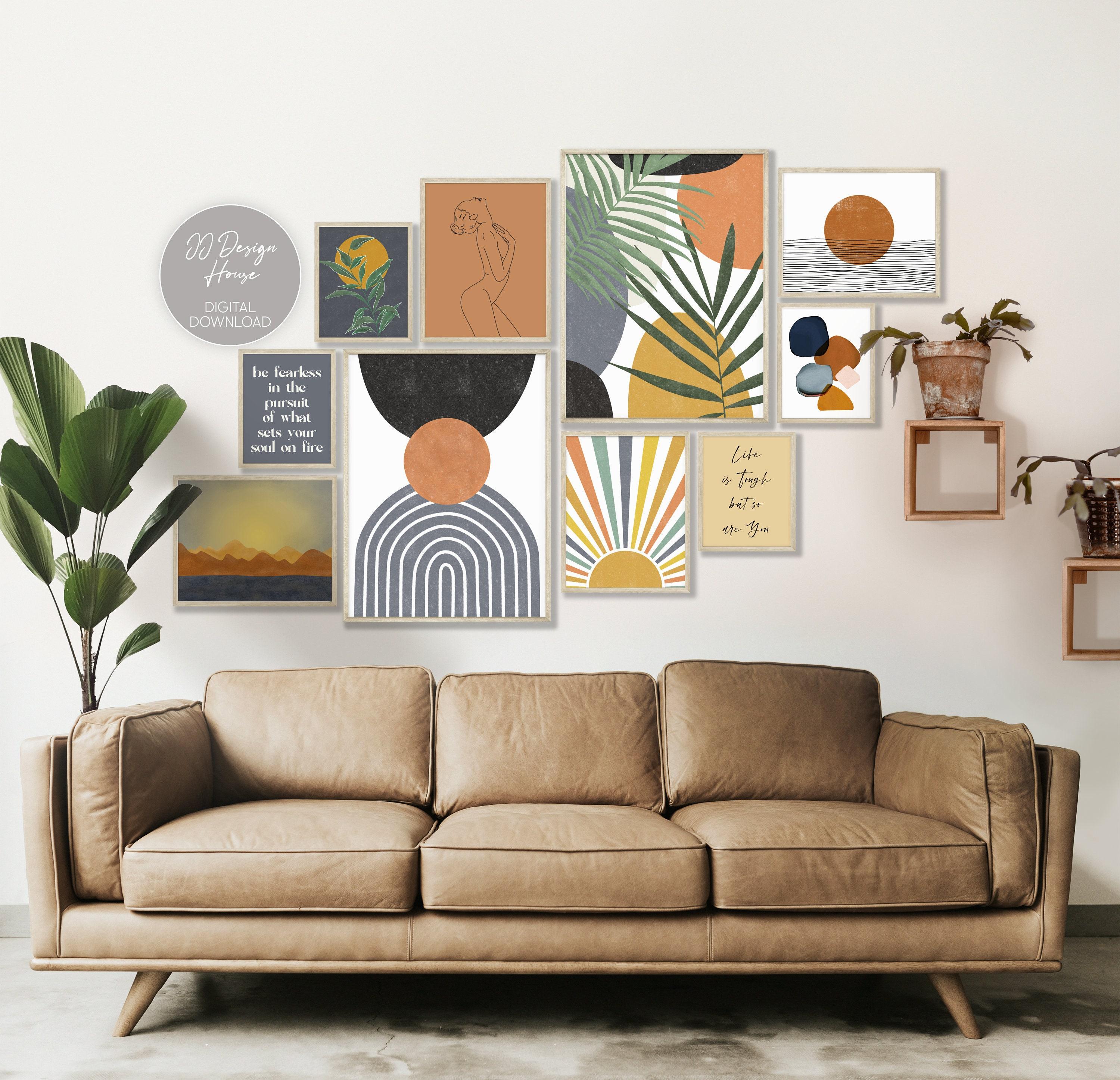 Create a gallery wall featuring eclectic art in your Boho Living Room