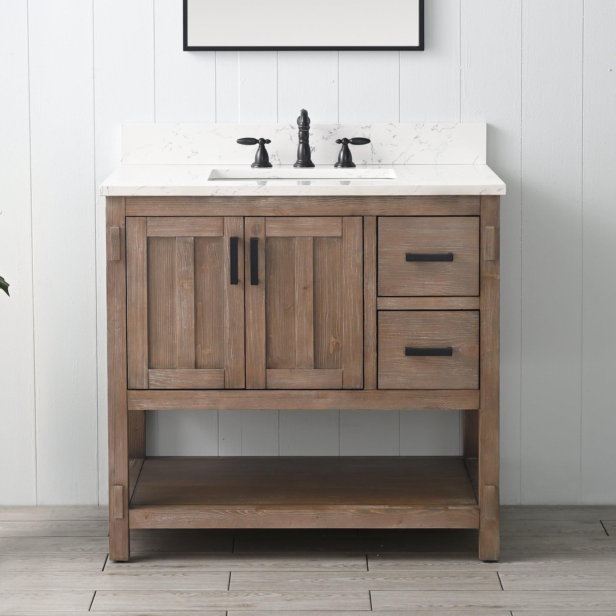 Select a rustic vanity to anchor your farmhouse bathroom with charm and functionality