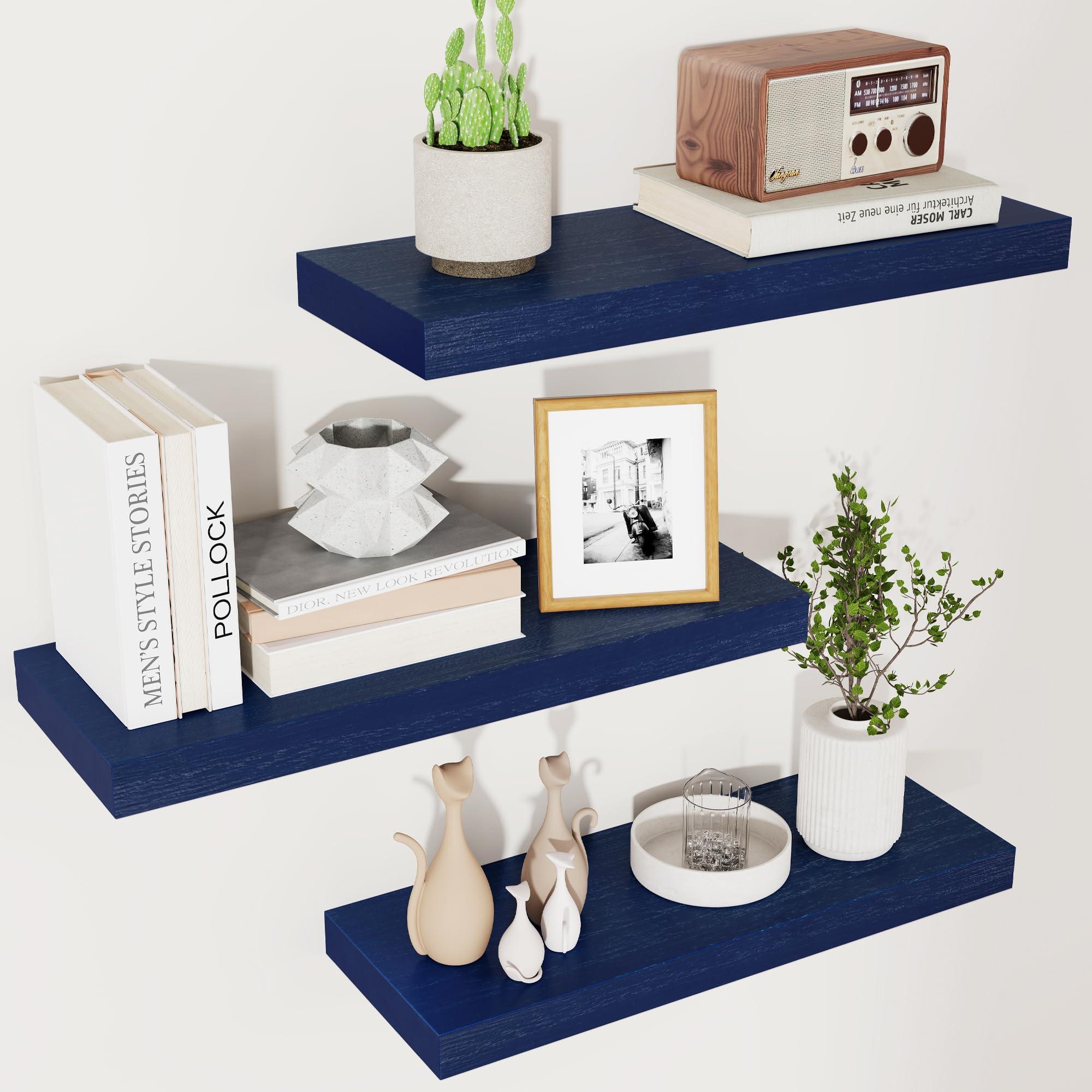 Incorporate floating shelves to display decor in‌ your blue living room