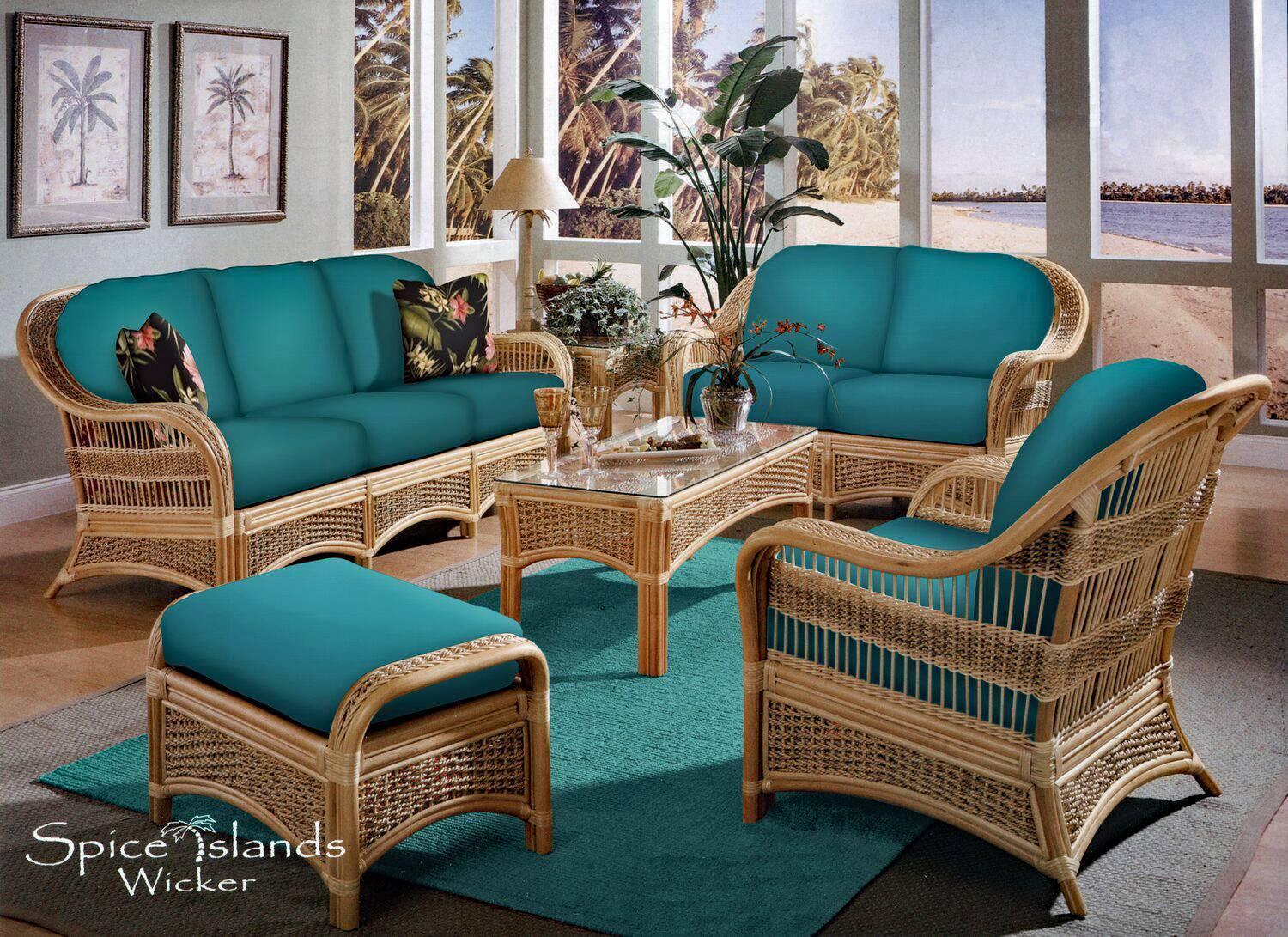 Incorporate‌ rattan furniture to soften the blue living ‌room vibe