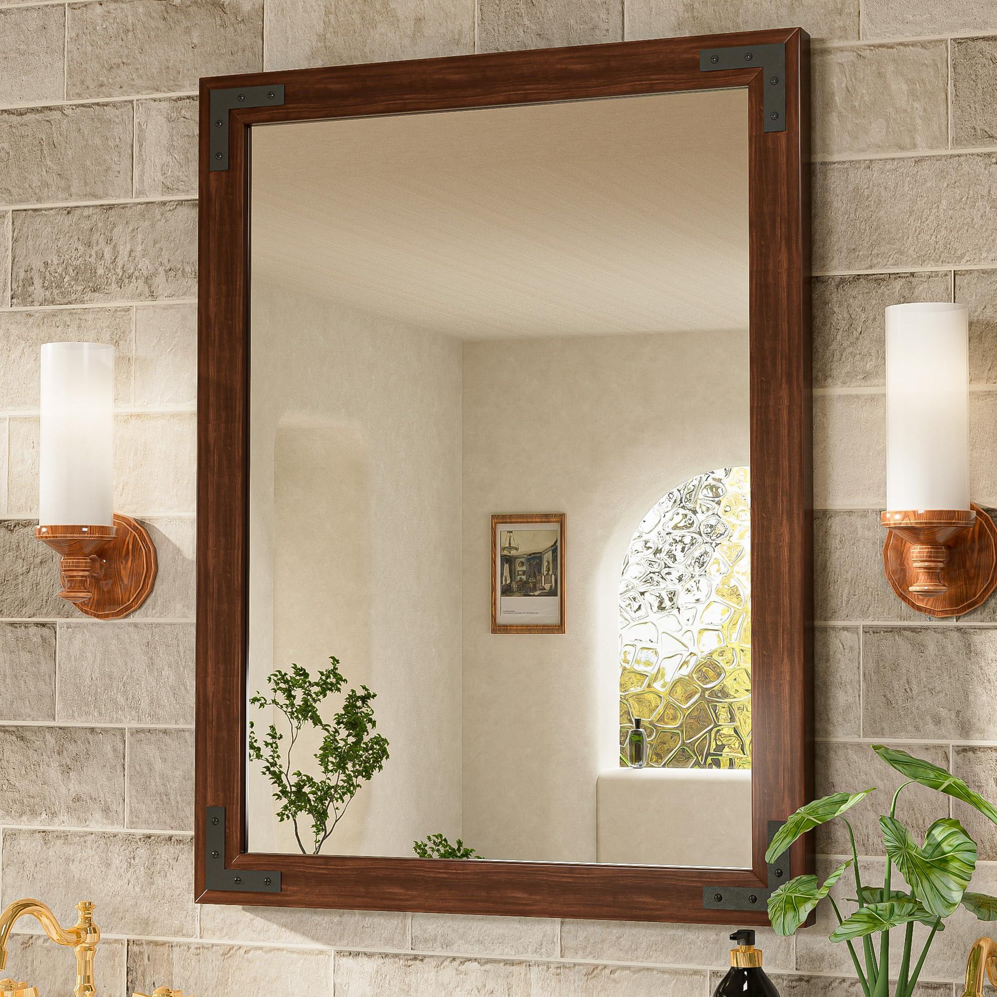 Incorporate a wooden mirror frame for a natural touch in your wooden bathroom