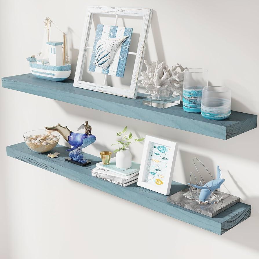 Install shelving​ to⁢ display your ⁢blue ​living room treasures