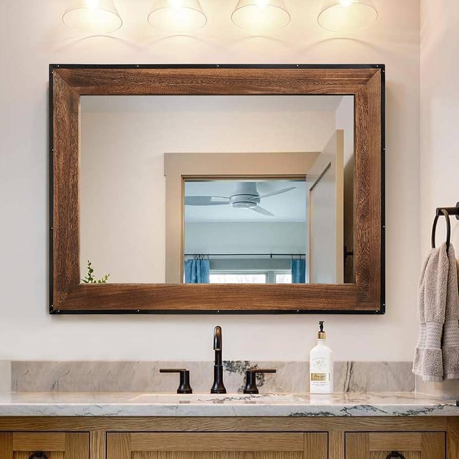 Introduce a farmhouse-style mirror to elevate your bathrooms rustic elegance and functionality