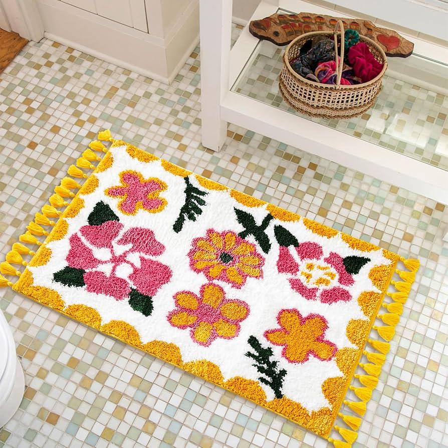 Colorful patterned rugs that add warmth to your boho bathroom