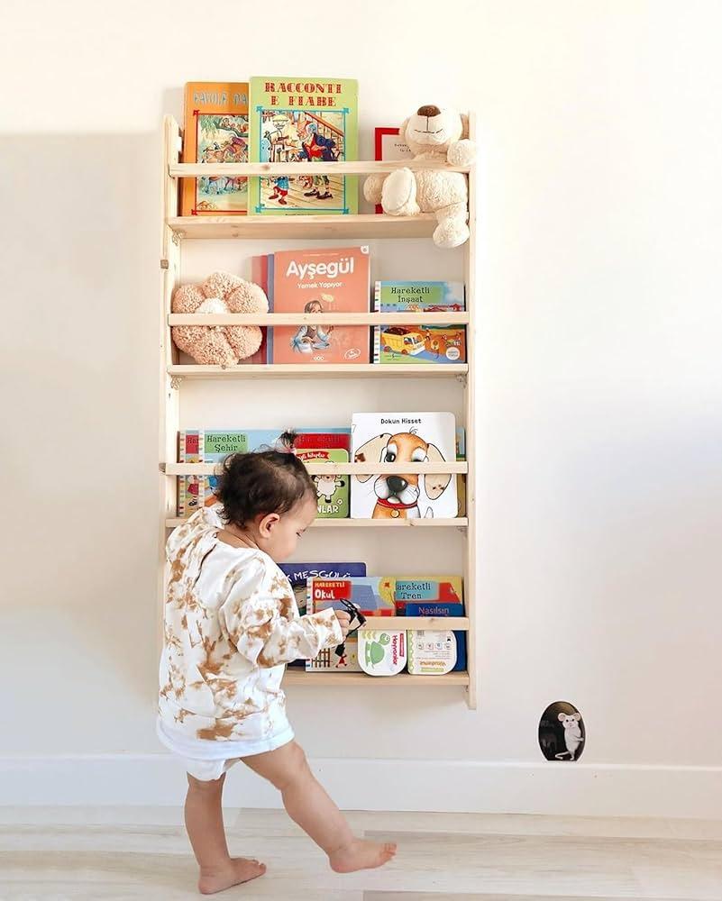 Add wall shelves to display books in your small nursery