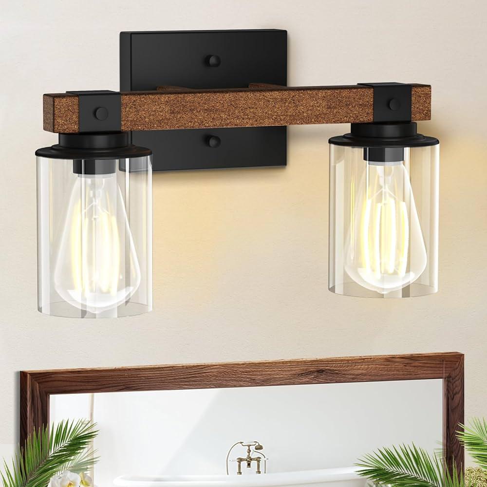 Use vintage-inspired lighting fixtures to illuminate your farmhouse bathroom with character