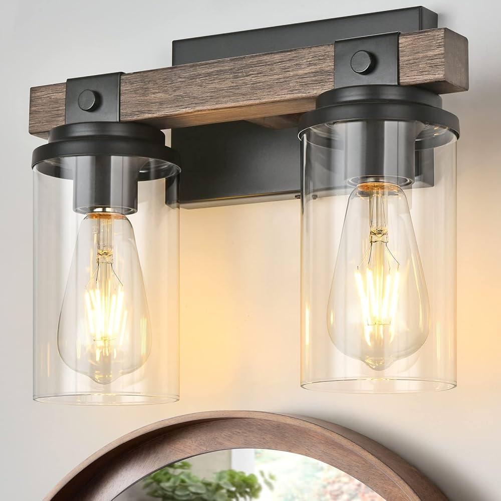 Use light fixtures made from wood to add warmth to your wooden bathroom