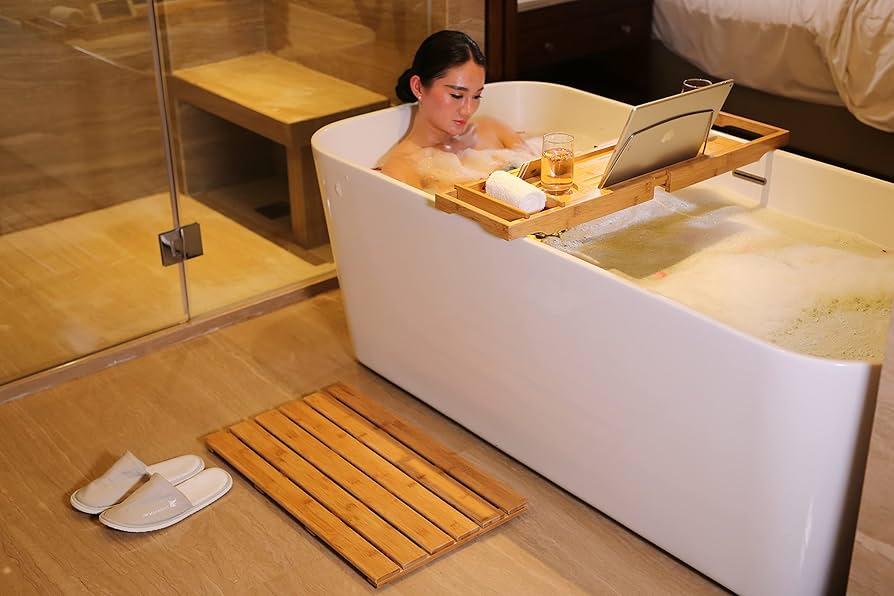 Use a wooden shower mat to complete the spa vibe in your wooden bathroom