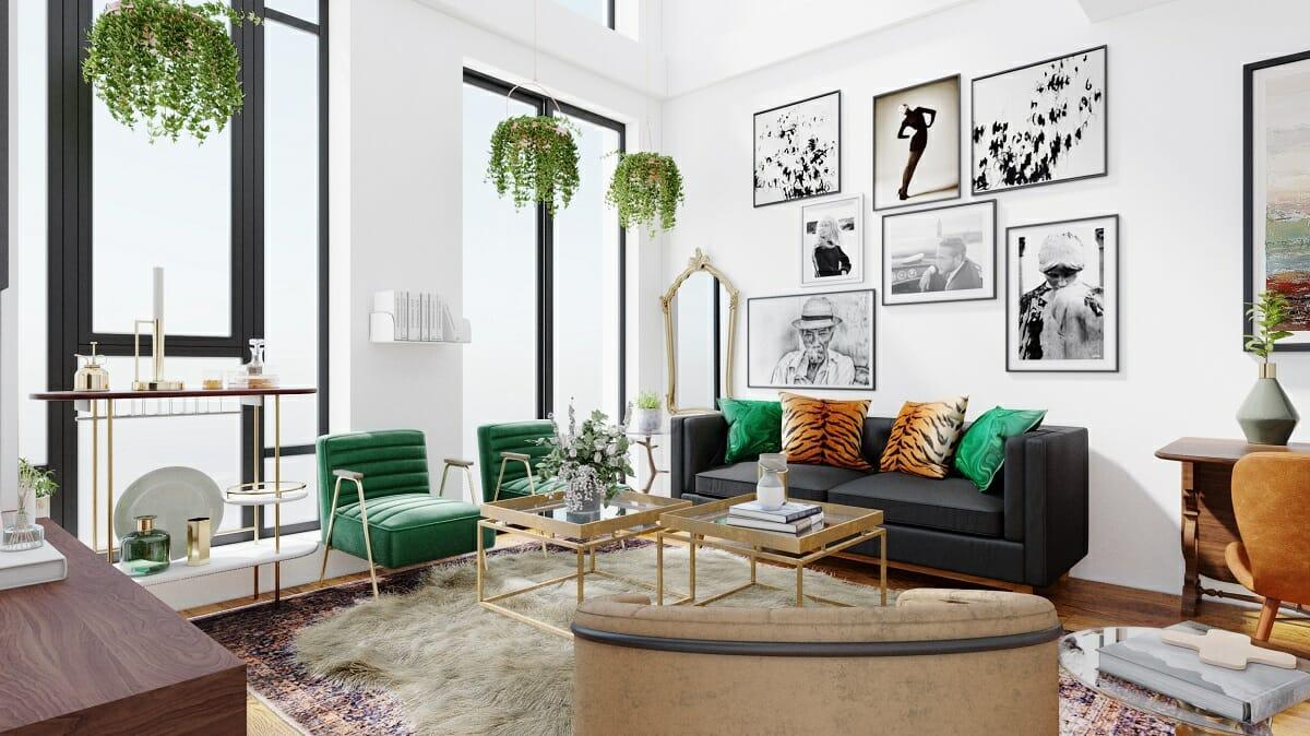 Infuse greenery with various plant types to bring life ‌into the eclectic living room