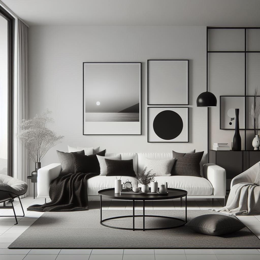 Monochrome Magic Living Room: Black and white decor ​offers a striking visual contrast