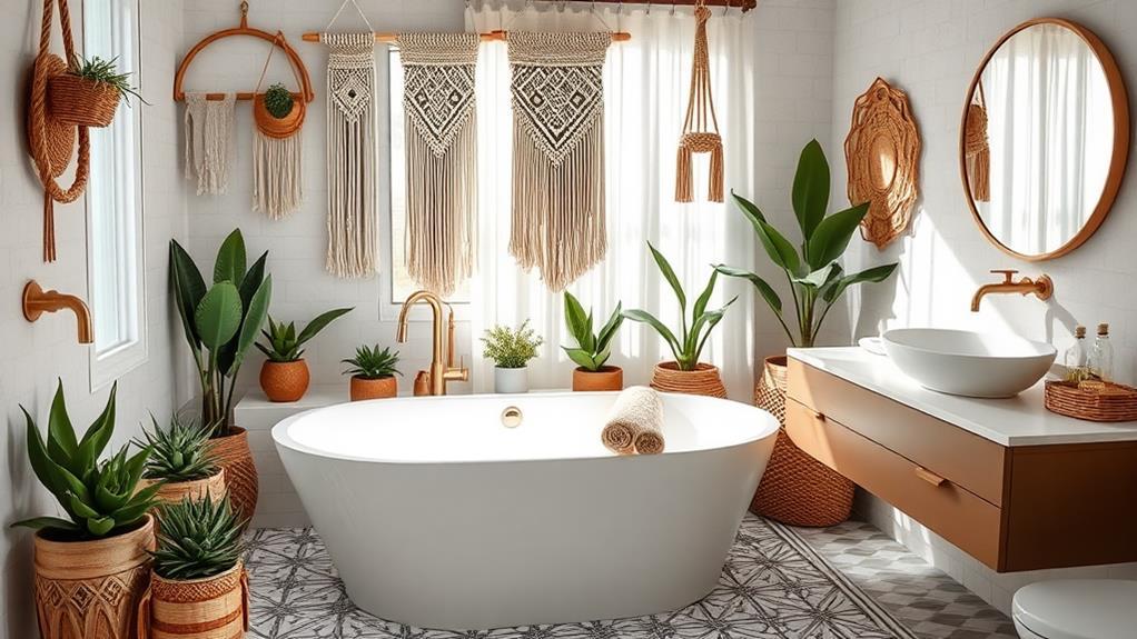 Layered textiles create warmth in your boho bathroom retreat